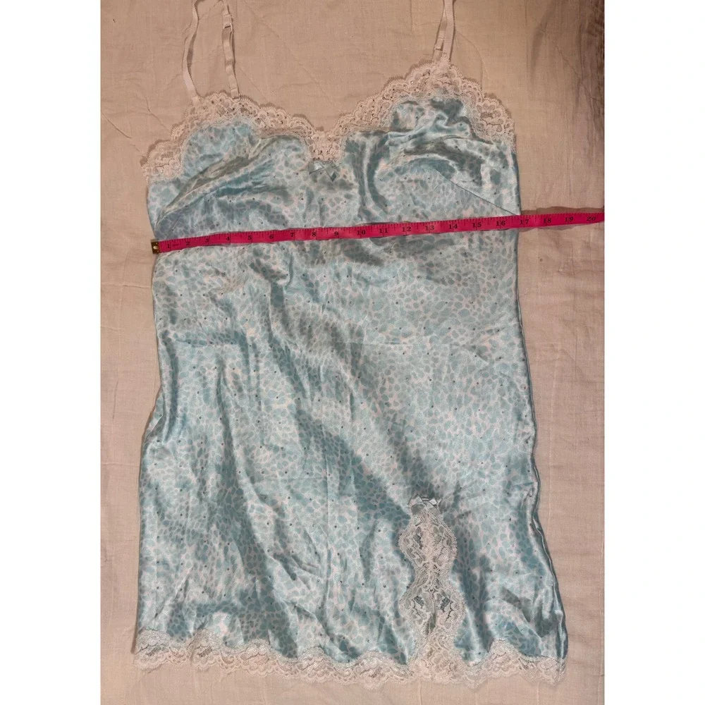 Victorias Secret Blue Leopard Satin Lace Trim Slip Dress Med Rhinestone Nighty